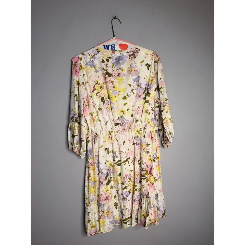 Sanctuary Floral V-Neck Long Sleeve Mini Dress Size 12 Yellow Multi